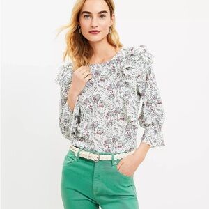 LOFT Floral Ruffle Blouse in White and Pink